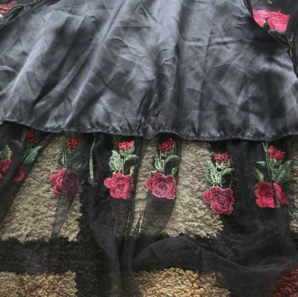 Roiii Off Shoulder Sheer Dress Womens Black & Roses 1950s Whimsgoth New - Picture 9 of 16